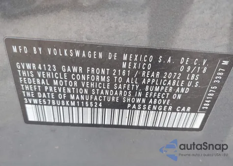 2019 Volkswagen Jetta 1.4T Sel z USA, uszkodzony, nr VIN 3VWE57BU8KM115524